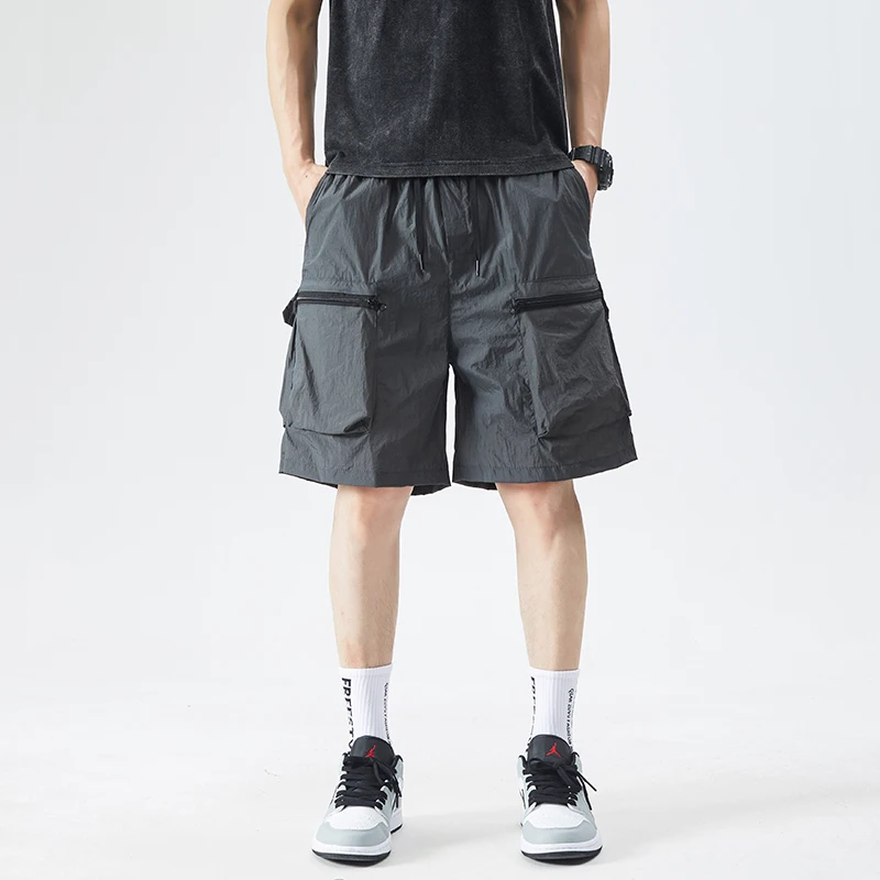 Casual 2024 Summer Multi Pocket Thin Solid Color Shorts Streetwear Men's Loose Knee-Length Pants Outdoor Sports Wide Leg Joggers