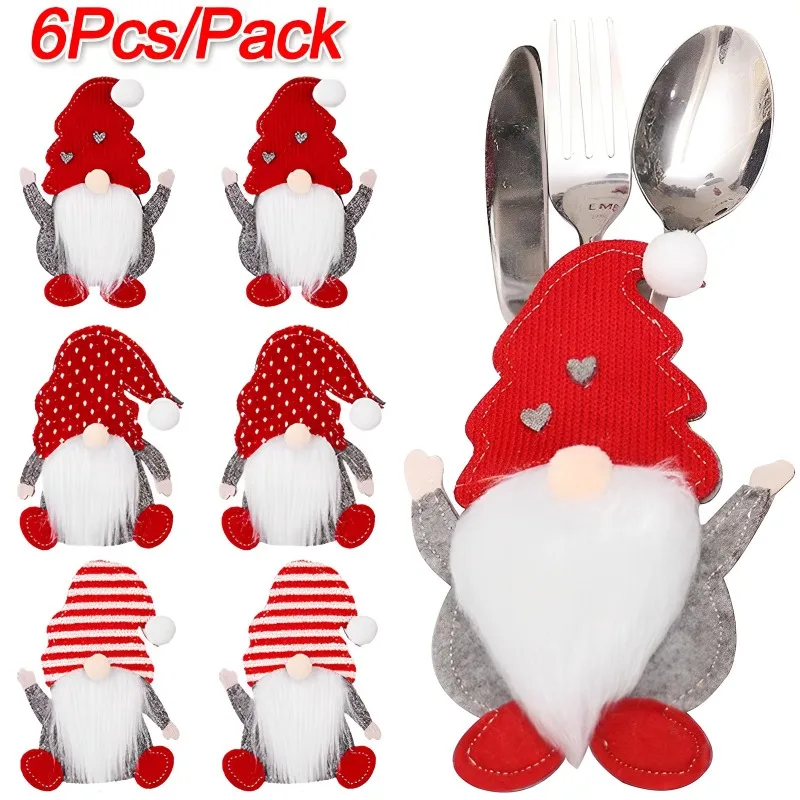 6/1PCS Christmas Knife Fork Holder Faceless Santa Claus Home Kitchen Tableware Holder Bag Party Gift Xmas Ornament Christmas