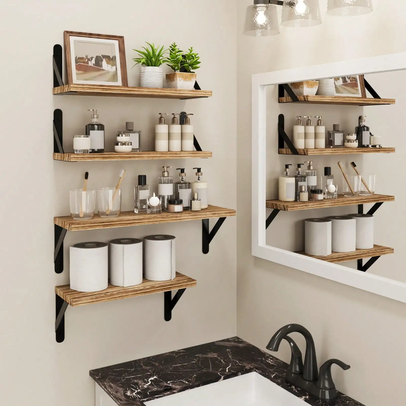 Floating Shelves For Wall Rustic Farmhouse Wood Bathroom Organizer Storage Shelf With Black Metal Brackets Set Of 4 Wall Mounted Hanging Bookshelf For Bathroom Bedroom Living Room Plants Christmas Decor Housewarming Gift