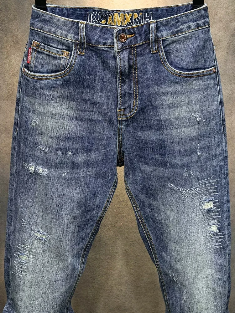 Fashion Designer Men Jeans High Quality Retro Blue Elastic Slim Fit Ripped Jeans Men Patched Vintage Casual Denim Pants Hombre
