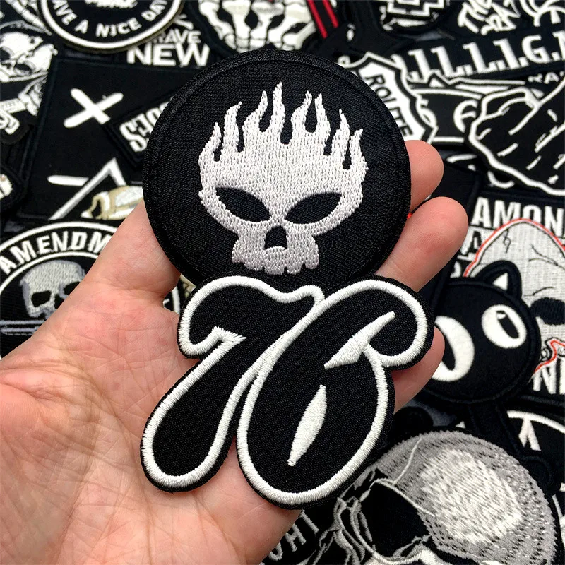 50pcs/lot Punk Patches on Clothes Embroidered DIY Iron on Patches for Clothing Jacket Jeans Stickers Black White Appliques