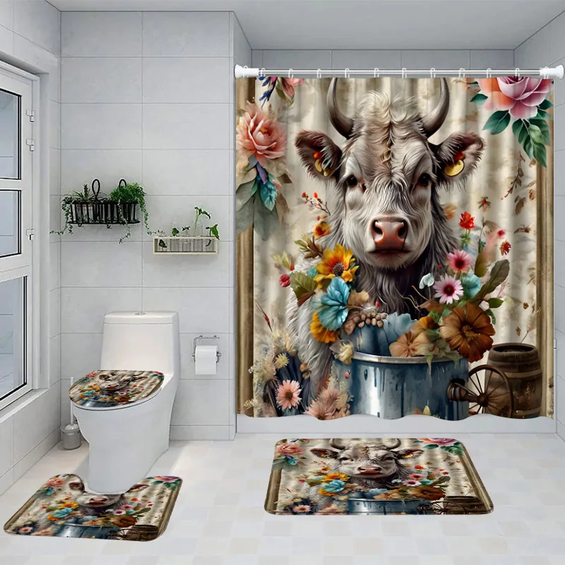 

Four-Piece Shower Curtain Set Digitally Printed Highland Cow Series Waterproof and Mildew-Proof Shower Curtain