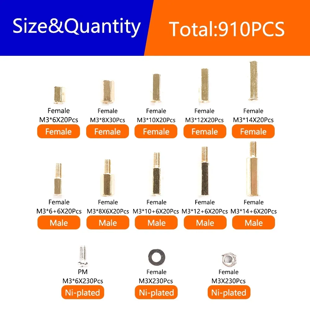 910 шт. M3 * 6 8 10 12 14 медные винты с шестигранной головкой и головкой в штучной упаковке, комбинированная коробка для образцов