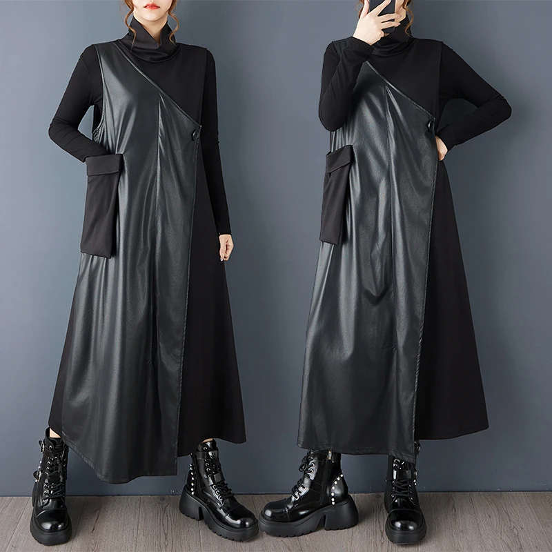 

Slimming Effect Loose Retro Fashion PU Vest Dress Large Pocket Splicing Style Autumn New Arrival Women's Mid-Length Dress