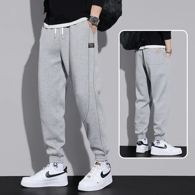 

Casual Sweatpants Men Young Style Autumn Winter Plus Fleece Motion Solid Color Loose Bright Line Decoration High Street Trousers