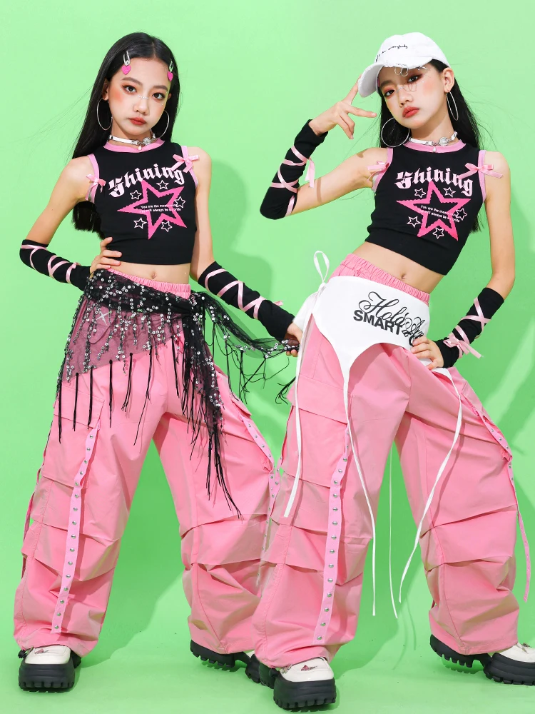 

Новые костюмы для джазовых танцев в стиле хип-хоп для девочек, топы с пупком, розовые брюки-карго, одежда для современных танцев, уличная одежда для сцены, BL16754