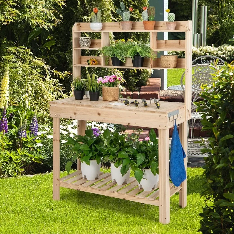 Potting Bench Table, 60.5” Wood Garden Work Bench Workstation with Storage, Flip-Up Tabletop, Shelves & Hanging Hooks,