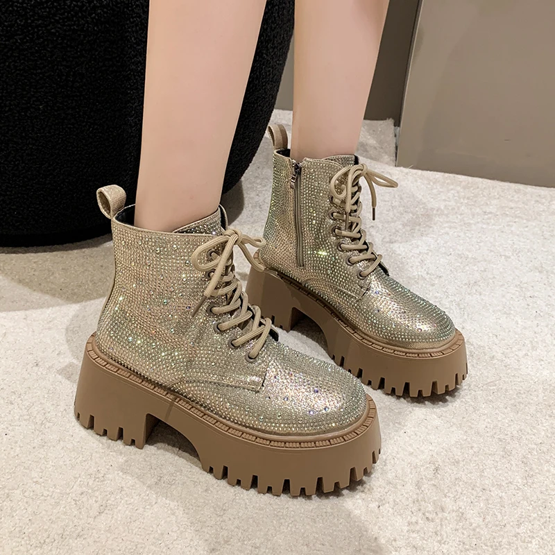 Women\'s Single Boots Autumn Winter New Thick Soled Full of Diamond Leather Shoes Comfortable Temperament Short Leg Fashion Boots