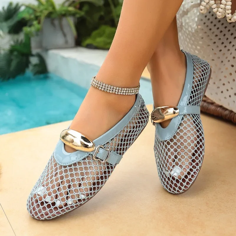 2026 Summer Women's Mary Jane Flat Shoes, New Round Toe Fishnet Hollow-Out Ballet Flats Comfortable Outdoor Walking Casual Shoes