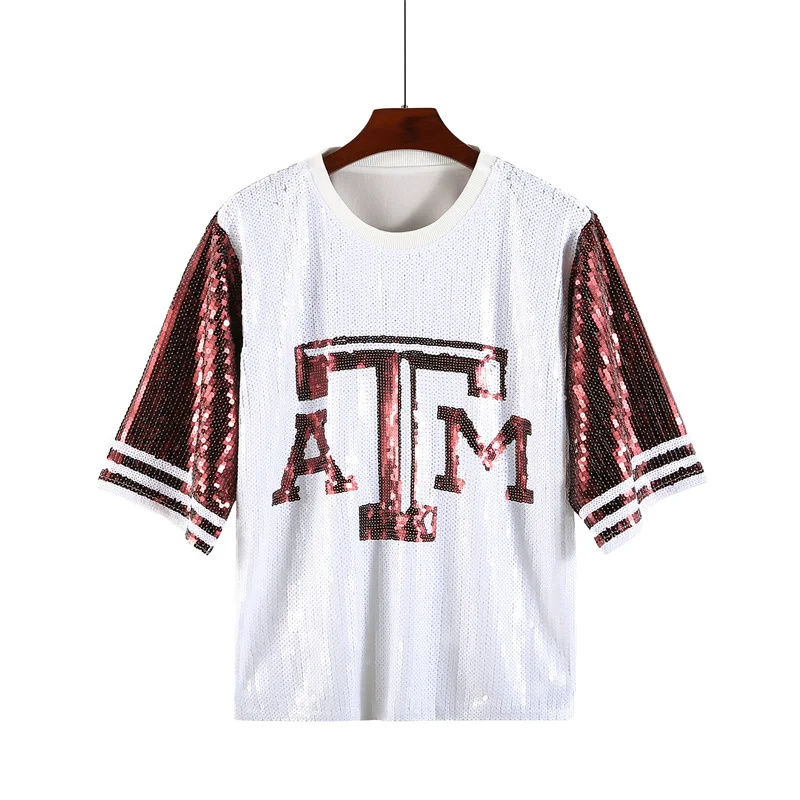 Summer New Letter Fashion Streetwear Loose T-Shirt Sequins Hip Hop Straight Short Sleeve Round Neck Women's Tops