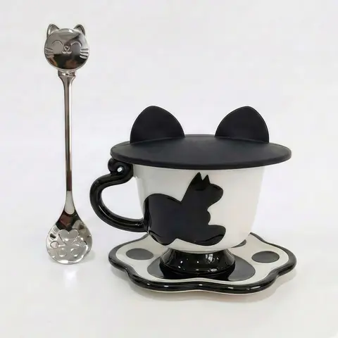 Ceramic Coffee Mug Set with Saucer and Spoon, Cat Ear Lid, Paw Print Design, Heat Resistant Tea Cup for Home, Office, and Cold Drinks