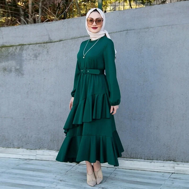 2025 2207 #   Middle East Women's Clothes Hot-Selling Muslim Double-Layer Ruffled Tunic Robe Dress