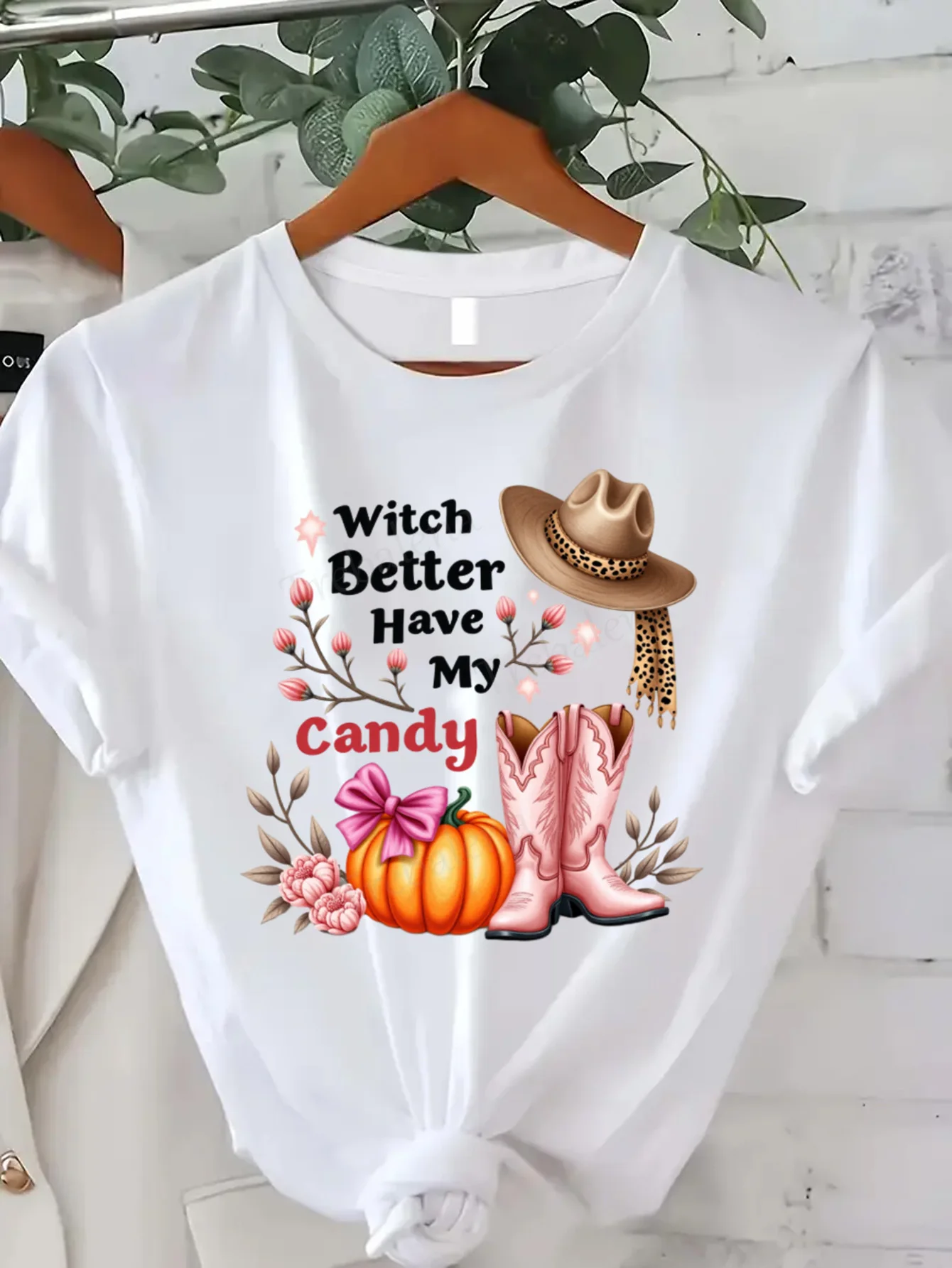

Round Neck T-shirt Witch Better Have My Candy Halloween Cowgirl T-Shirt Women Plus Size Short Sleeve Tee Fashion Casual Top