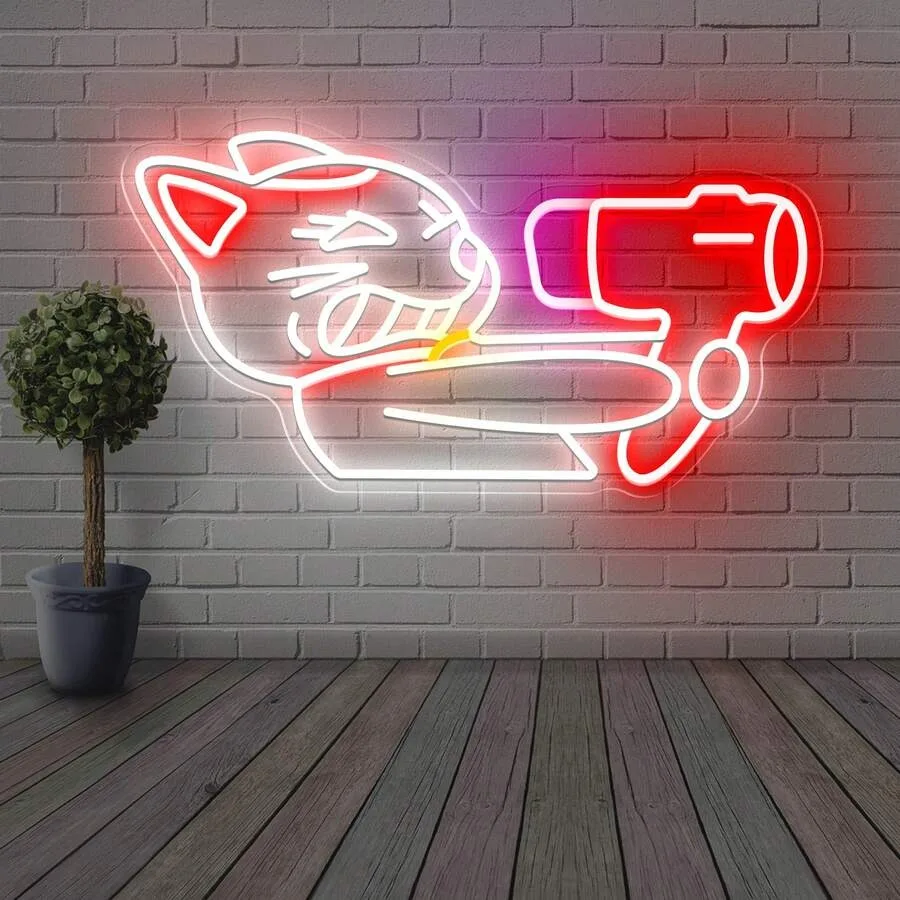 

Winged Lucky Cat & Hair Dryer LED Neon Light, Adjustable Wall Lamp for Bedroom Salon Cafe Decor