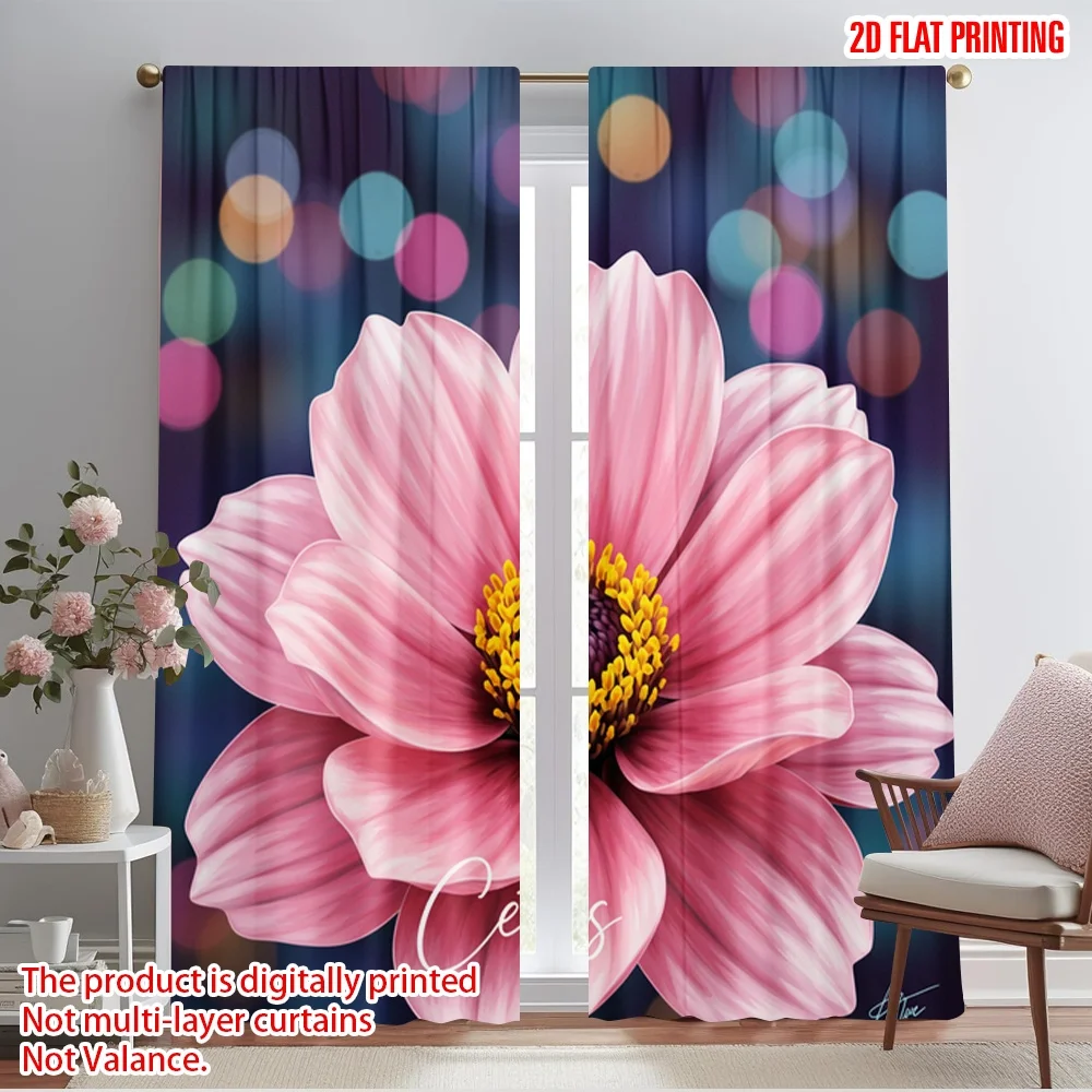 

2pcs 2D flat printing Scene Curtain Pink Flower Bloom Polyester Without Electricity All Season Party & Holiday Decor Use for