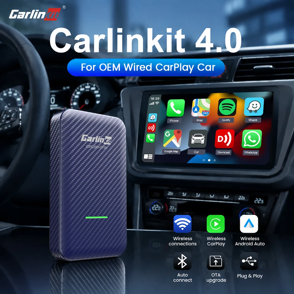 CarlinKit 4.0 Wireless CarPlay Adapter Android Auto Dongle 2-in-1 Mini Box Play and Play for OEM Wired CarPlay Car OTA Update