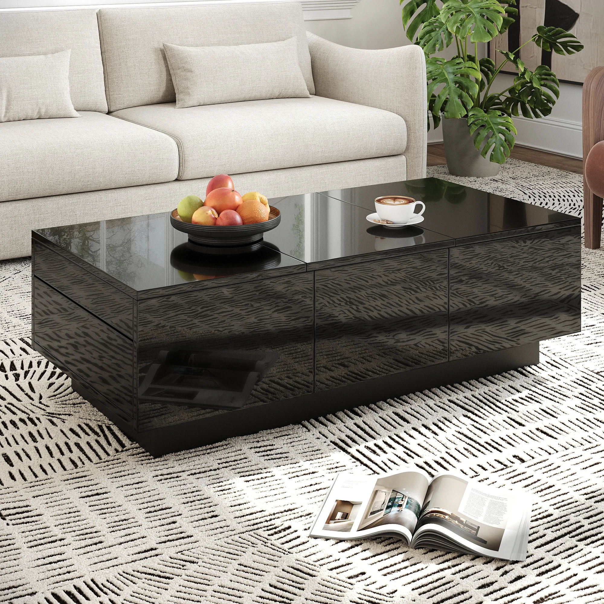 Table basse moderne noire à finition brillante, avec tiroirs et plateau coulissant, table rectangulaire pour salon avec grand espace de rangement, finition mate, facile à nettoyer, en MDF.