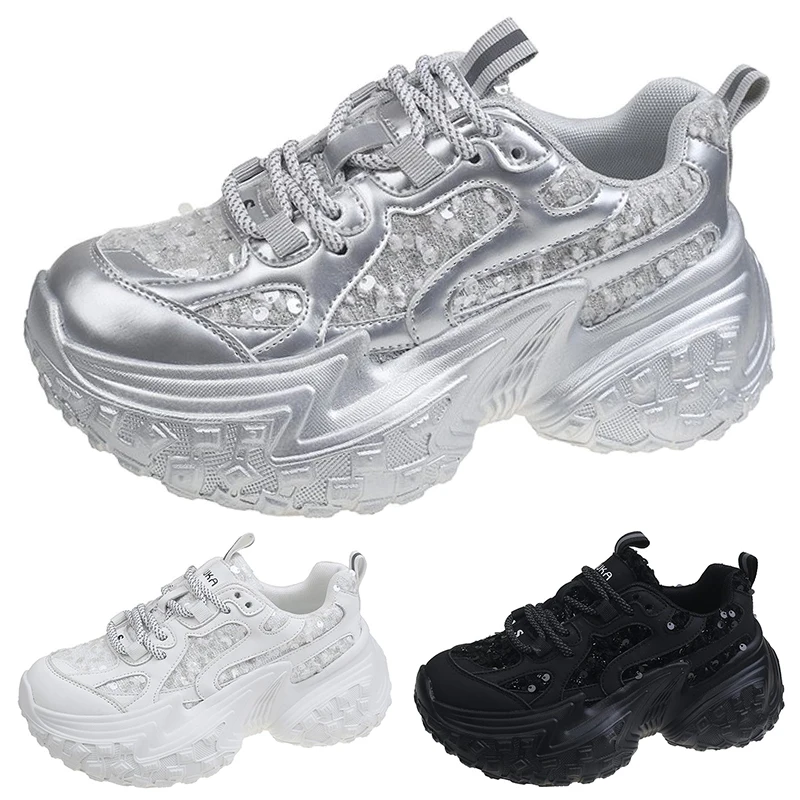 

Новые женские кроссовки на толстой подошве со сверкающим дизайном, повседневная обувь со шнуровкой в стиле ретро, женская вулканизированная обувь