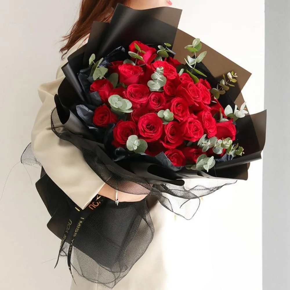 Waterproof Translucent Korean Floral Wrapping Paper 20 Sheets Black Flower Design for Bouquet Gift Packaging Florist Supplies 22.8x22.8 Inch view 5