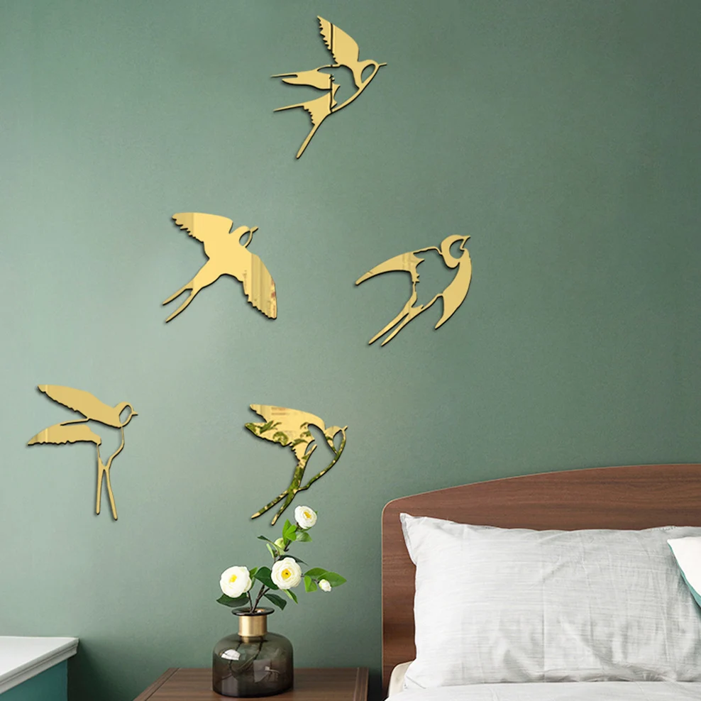 5pcs/Set Acrylic Mirror Bird Wall Decoration Living Room Bedroom Study Decoration Concealer Mirror Surface Wall Stickers