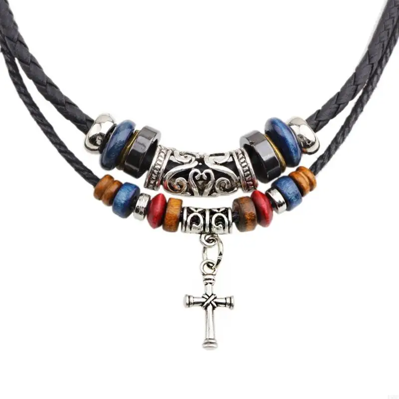 45BE Double Layers Black Tribal Necklace with Charm for Cross Pendant Vintage Braided Leather Necklace for Women Men Gi