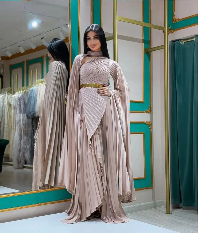 

Plus Size Vows Customized High Neck Full Sleeve Tiered Pleat Draped Floor Length Luxury Evening Dress 2025 Formal Prom Gowns