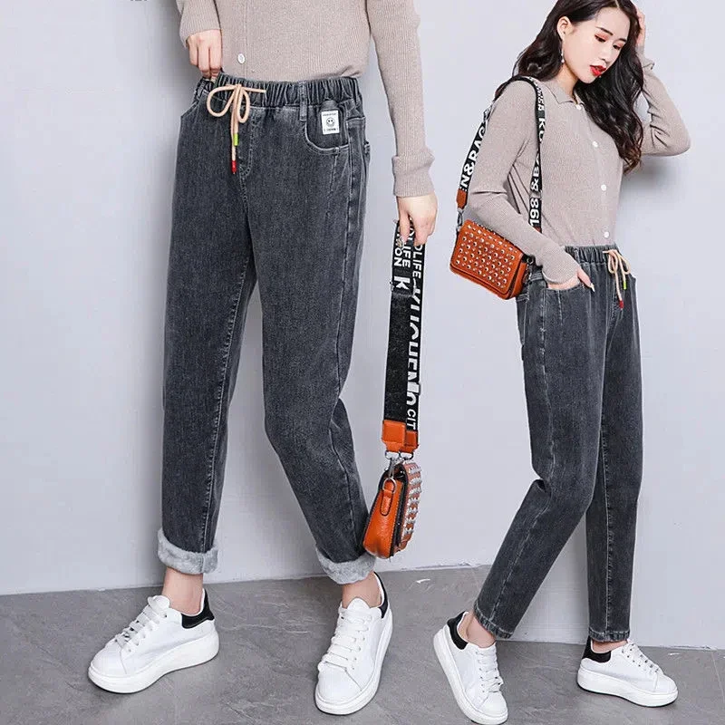 

Winter Baggy Warm Fleece Lined Jeans Women Vintage Lace Up Harem Denim Pants Ankle-length Vaqueros Thicken Kot Pantalones NewZ10