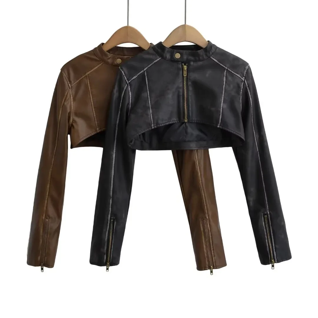 Women Biker style Long sleeve Co-ord Pu Faux Leather Maillader Brown Ultra Cropped Jacket