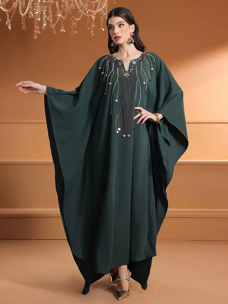 

Elegant Diamonds Abayas for Women Muslim Batwing Sleeve Dress Boubou Robe Kaftan Kebaya Caftan Marocain Femme Robe Jalabiya Gown