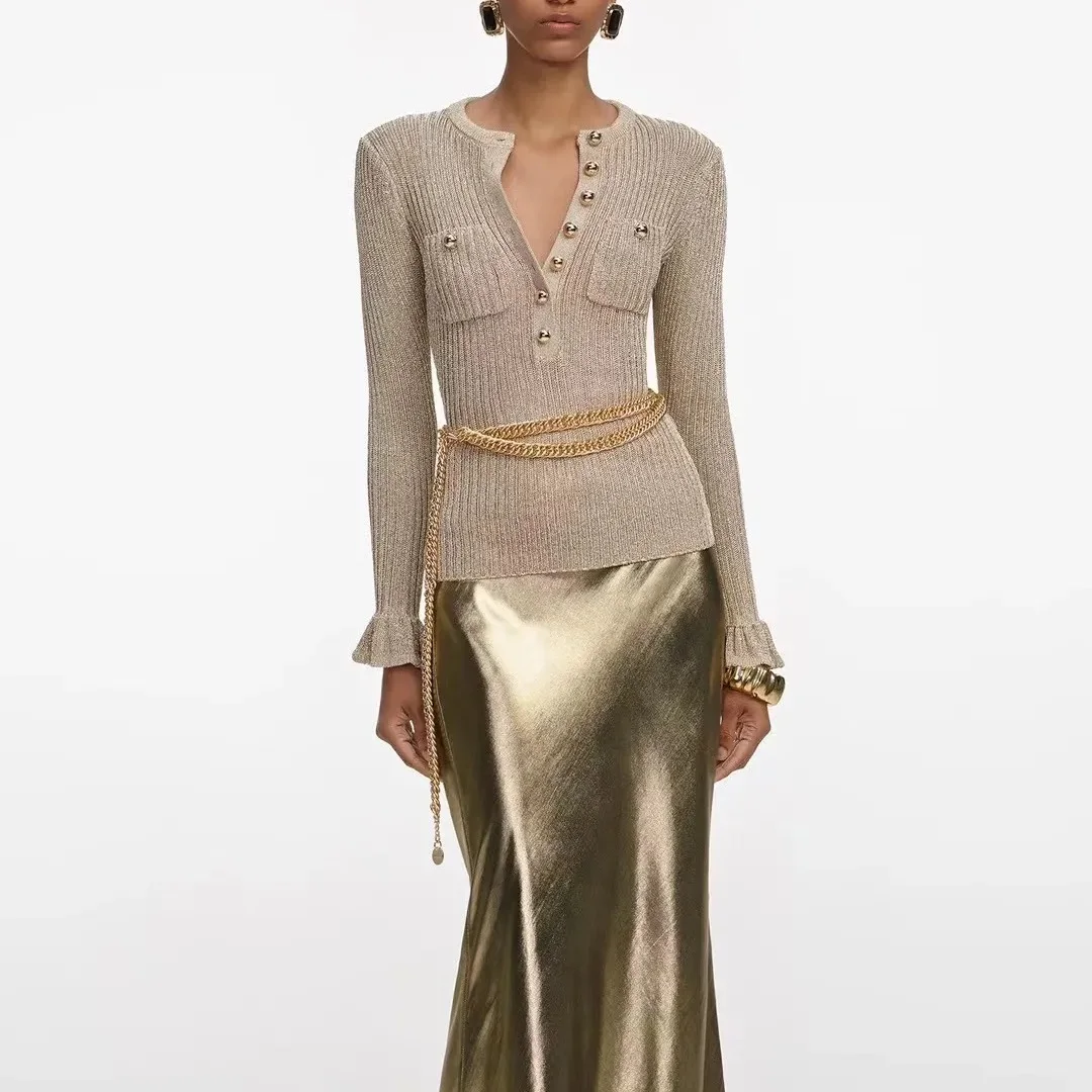 

Women Golden stretch knitted sweater fashion retro slim knit tops with chain