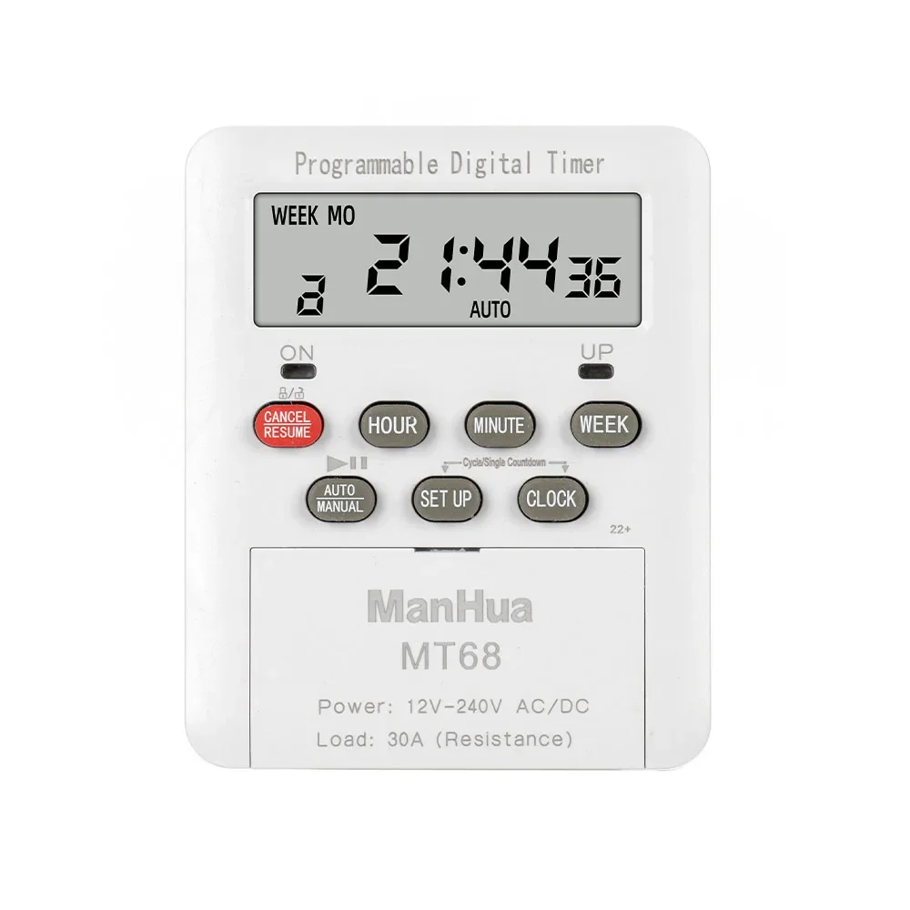 

ManHua MT68 30A 100-240 В переменного тока цифровой таймер программируемое реле времени программатор встроенная перезаряжаемая батарея DIN-рейка