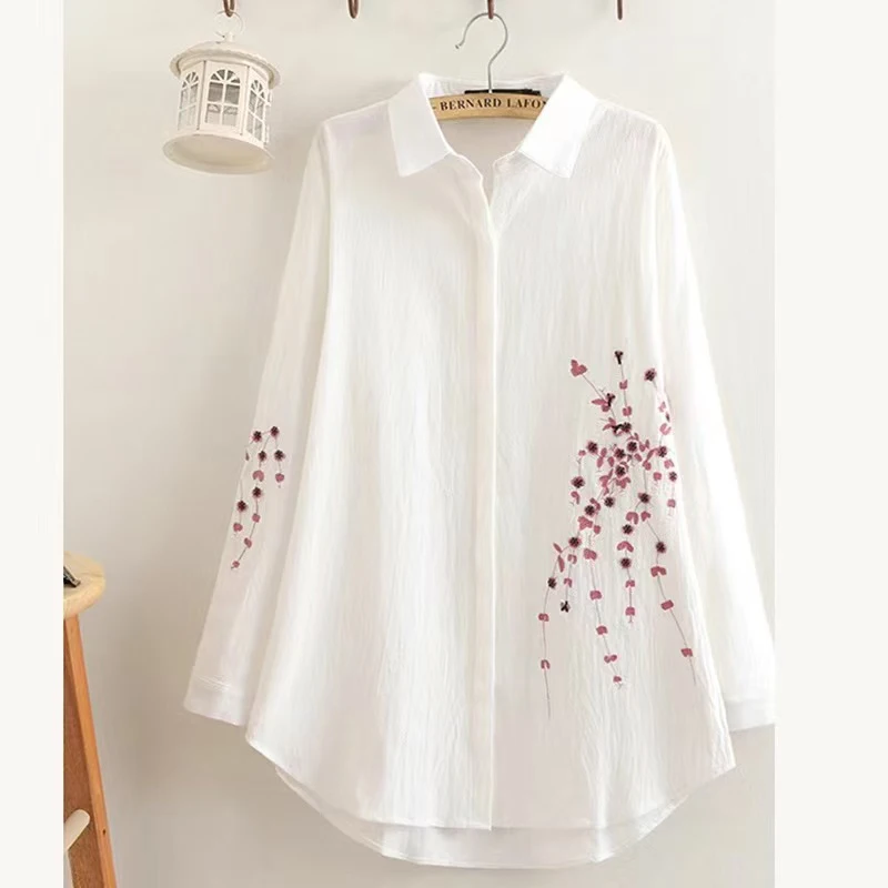 Ln The Spring 2025 Long Embroidered Cotton Linen Shirts In Large Size Female Wear Loose Fashion Blouse Embroidered Coat