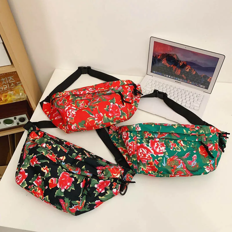 Large Capacity Women Waist Pack Nylon Fanny Pack Flower Design Chest Bag Fashion Shoulder Crossbody Bags Casual Waist Belt Bag