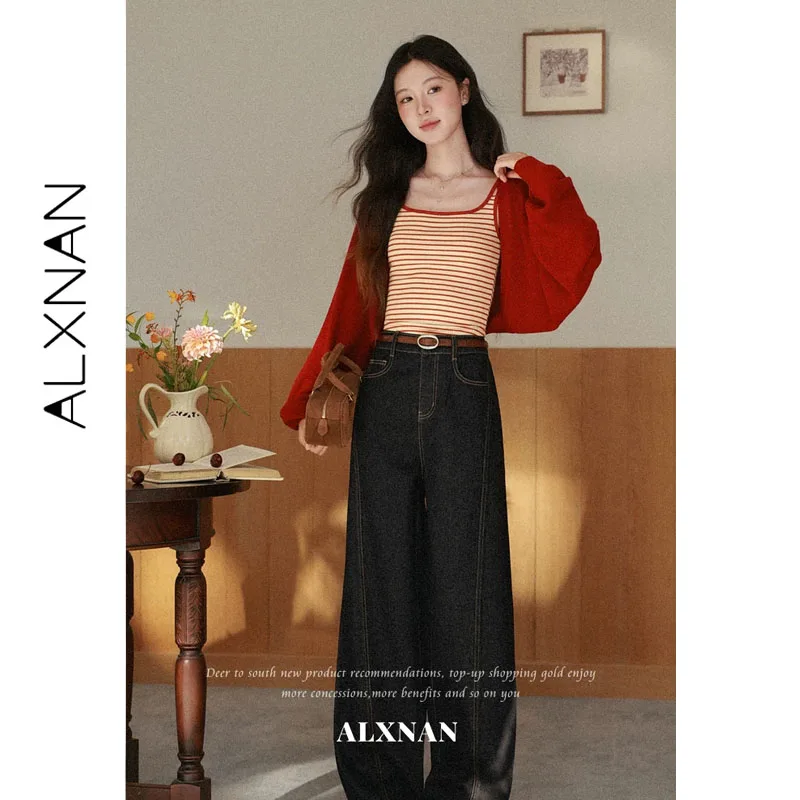 ALXNAN Dark‑blue Straight‑leg Jeans Women Autumn Draping Hip‑covering Slim‑fit Elegant Long Pants 2026 Baggy Denim Pants L67609