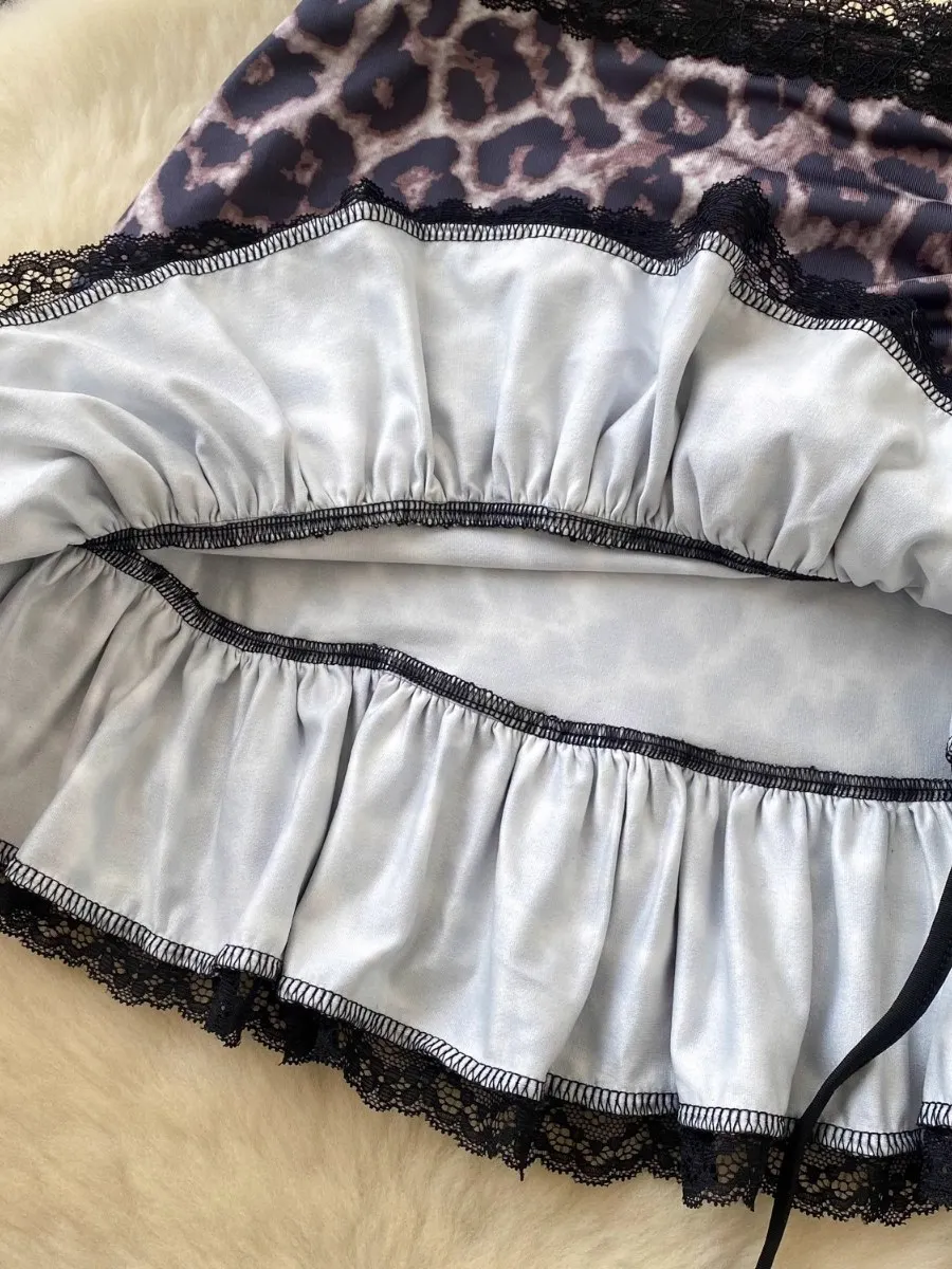 Foamlina été dentelle à volants imprimé léopard Mini jupe européen Ins pur désir conçu cravate taille haute Mini jupe