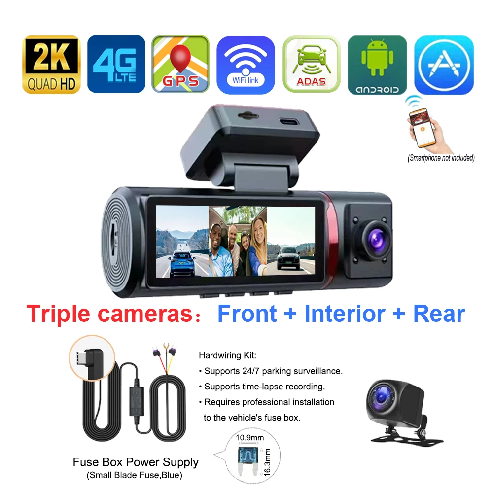 3CH 4G Verborgen Dashcam 2K RemoteSnap ADAS Sentry APP GPS Dodehoekbewaking Bewegings-G-sensor 24U Parkeren Time-lapse Loop-opname Nachtzicht