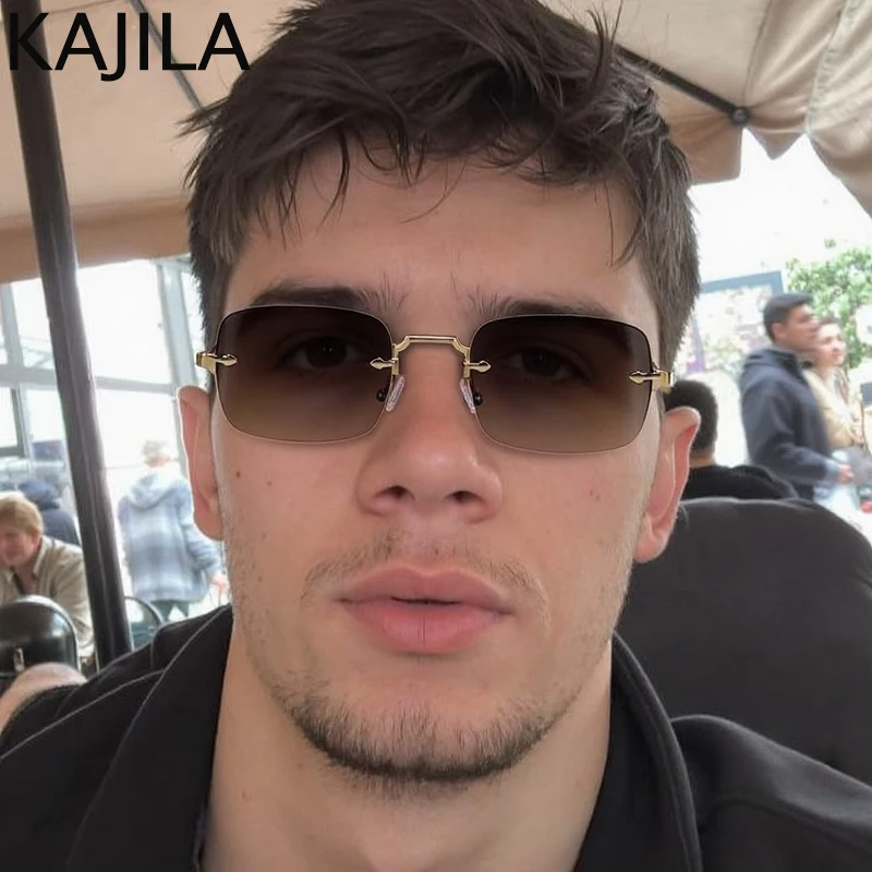 Lunettes de soleil Punk rectangulaires sans bords pour hommes, petite monture, marque de luxe, Vintage, en métal, nuances classiques, UV400, 2025
