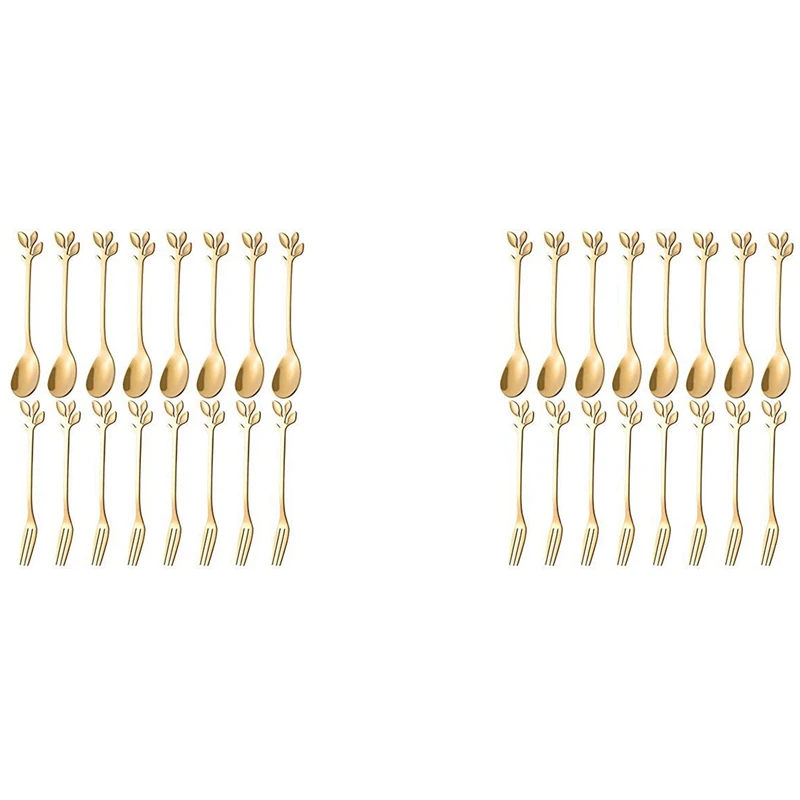 

40PCS Dessert Spoon And Fork Set Cake Fork Coffee Spoon Creative Fruit Fork Stainless Steel -Gold