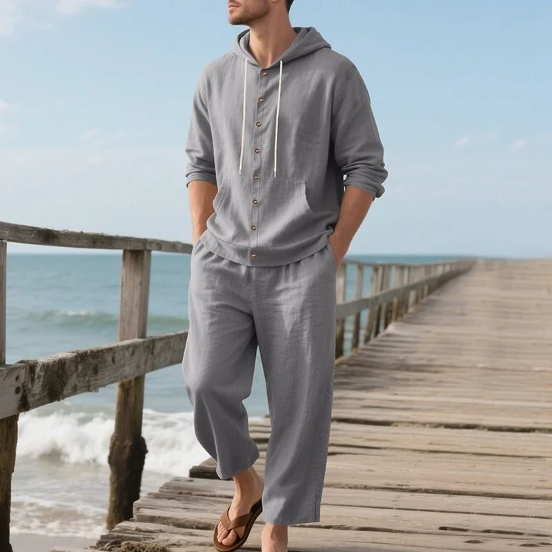 Men's Linen Beach Set Summer Casual Hooded Shirt & Pants 2 Piece Suit Breathable Loose Holiday Outfit Solid Color Vacation Wear view 4