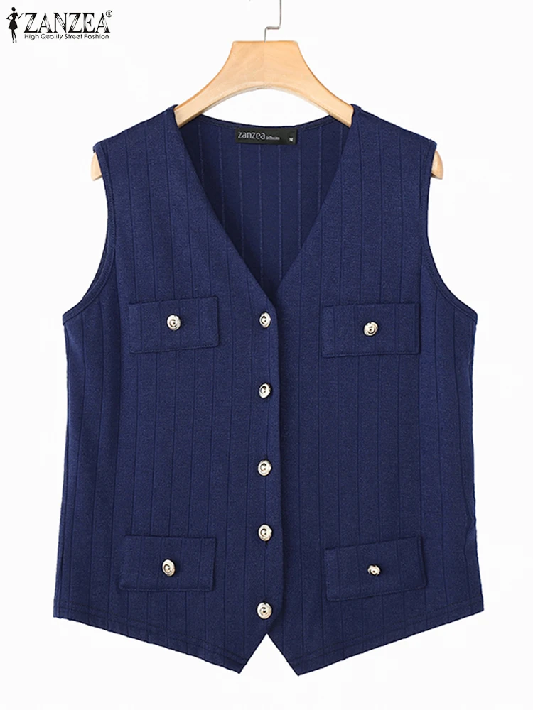 

ZANZEA 2025 Autumn Fashion Women Elegant V-Neck Vest Knitted Waistcoat Chic Button Slim Sleeveless Casual Loose Solid Color Tops