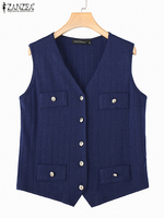 ZANZEA 2025 Autumn Fashion Women Elegant V-Neck Vest Knitted Waistcoat Chic Button Slim Sleeveless Casual Loose Solid Color Tops