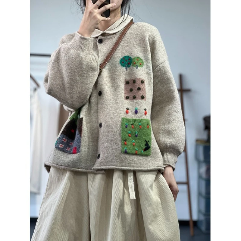 

Женский корейский вариант 3D свитер с цветочным принтом на крючках, осень-зима, новый свободный крой, вязаный кардиган с круглым вырезом в ленивом стиле