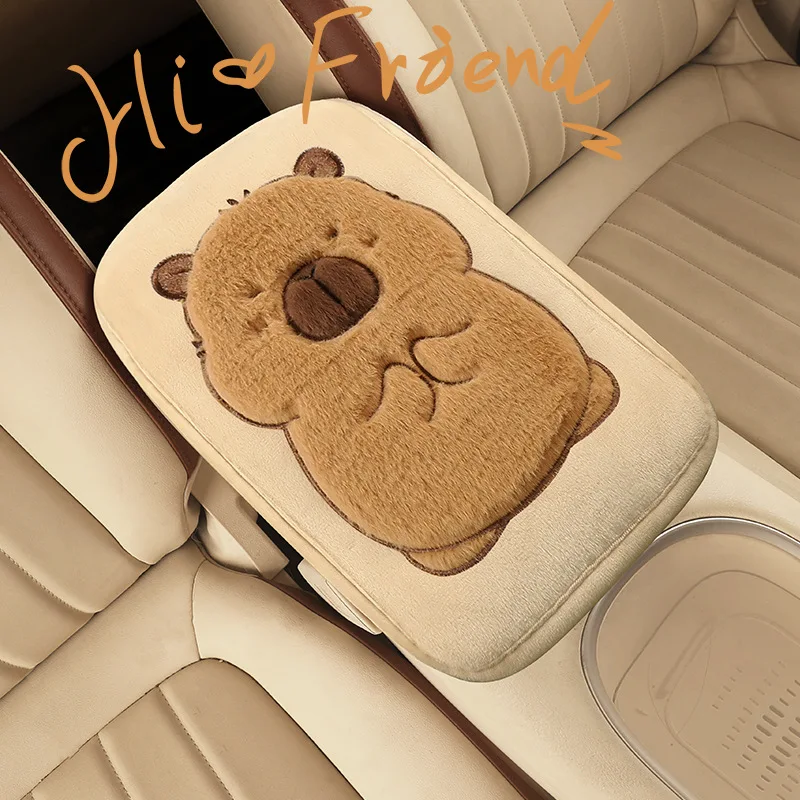 

New Car Capybara Armrest Box Mat Car Winter Plush Warm Anti-slip Anti-dirty Mat Central Armrest Cartoon Advanced Protective Mat