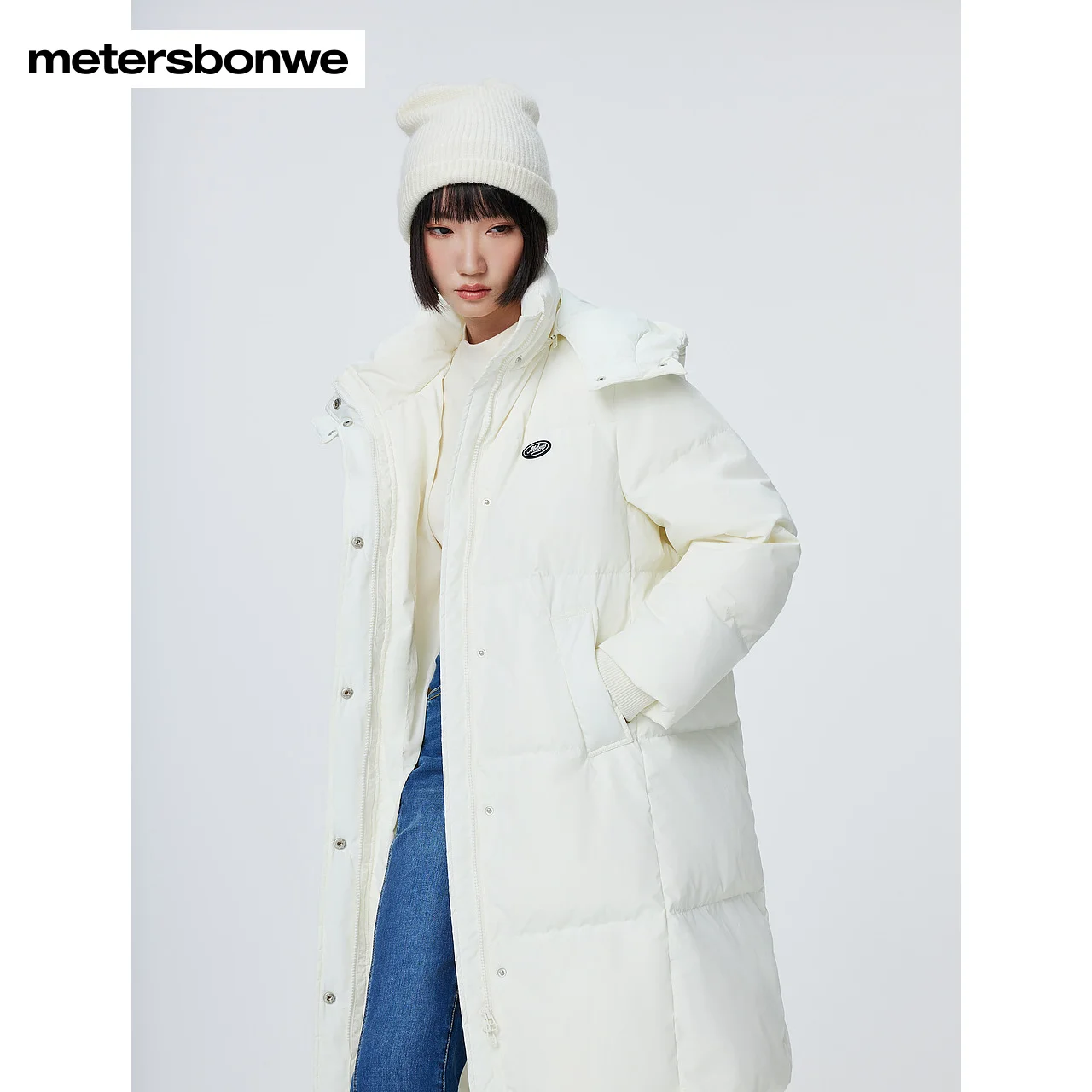 Metersbonwe-Jaqueta longa com capuz feminino, casaco grosso de inverno, casacos quentes, casacos brancos casuais, moda feminina, novo, 2023