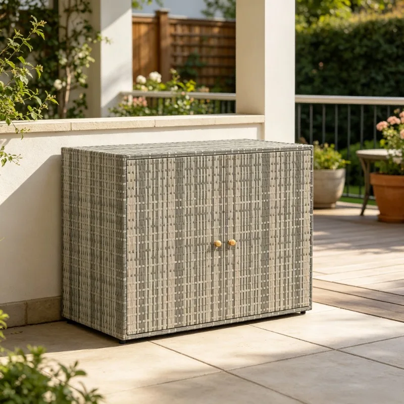 Armoire de rangement de jardin, conteneur de rangement, gris, 100x55,5x80 cm, polyrotin, grande capacité, rangement extérieur pour patio, balcon, cour, robuste, gain de place, pour coussins et outils