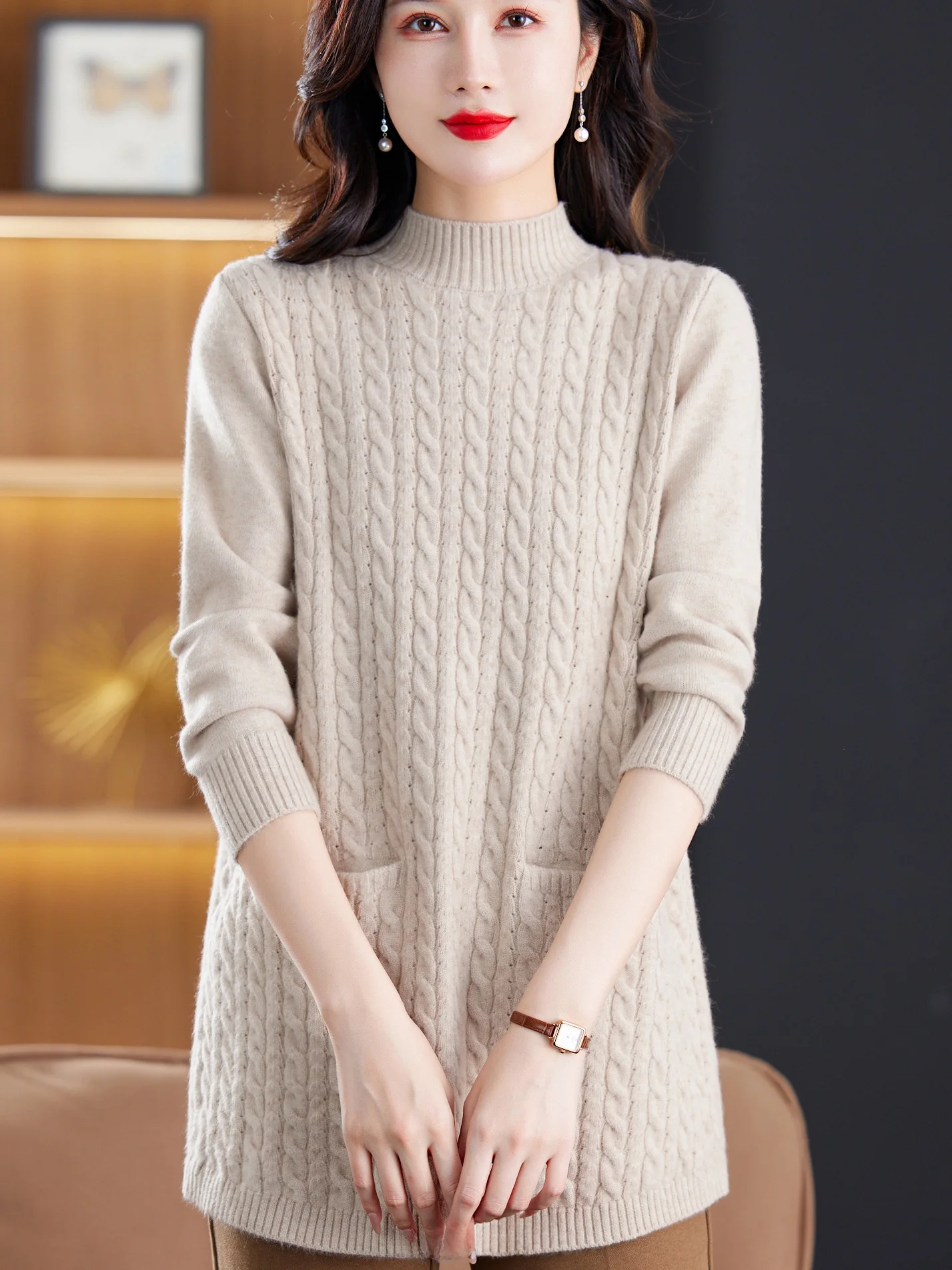 

Faionable round Ne Knitted Wool Dr Loose Women's Top Mommy Sle Spring Autumn New Arrival for Middle Aged Women