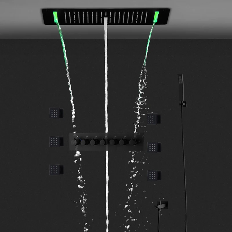 

Черный душевой комплект: колонна с функциями дождя, тумана и водопада, 4 режима, потолочная встраиваемая душевая лейка, термостатический смеситель на 6 выходов