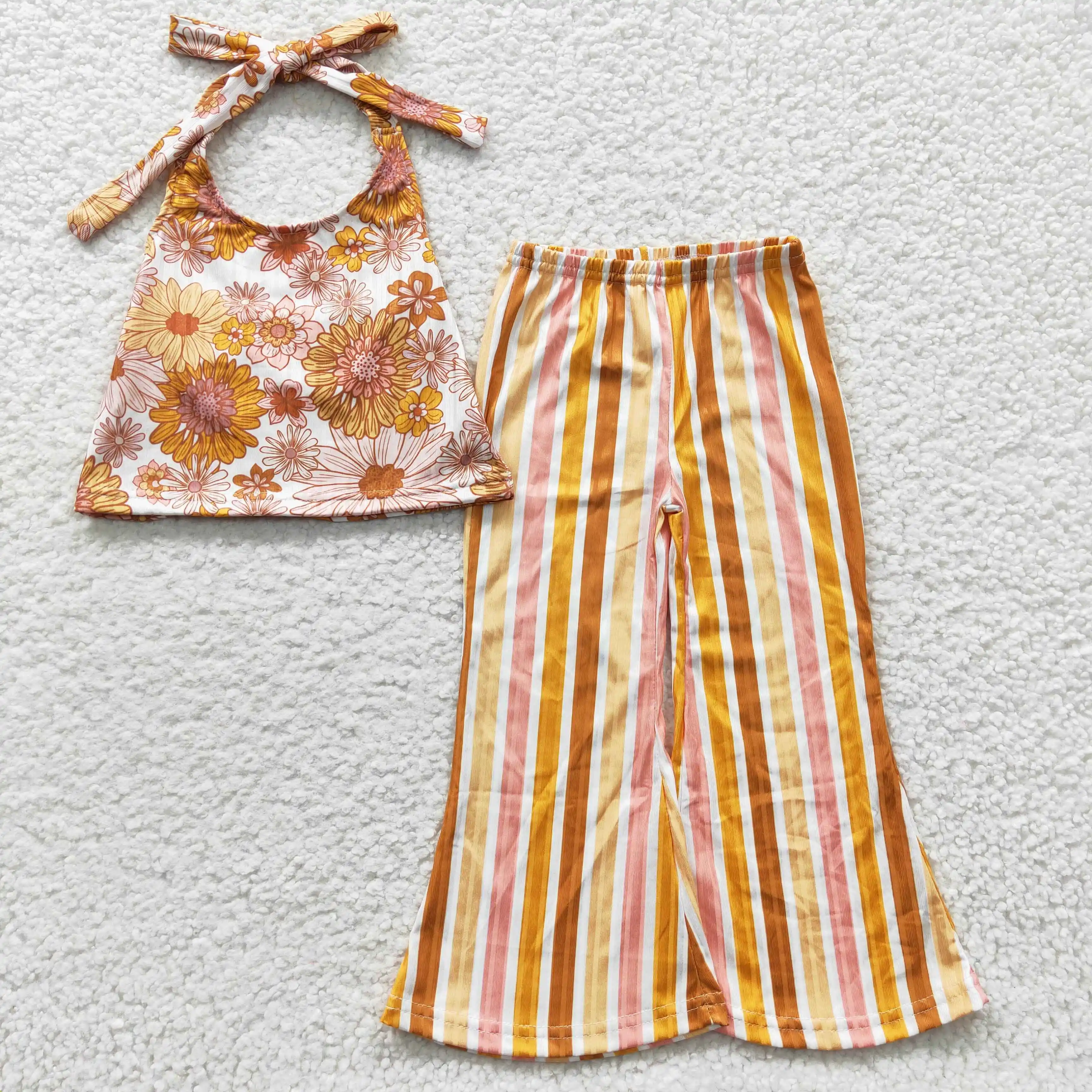 Z821-18 GSPO0579 Kids Summer Clothes  Sleeveless Top With Bell Bottom Pants Set Toddler Girl Boutique Outfits