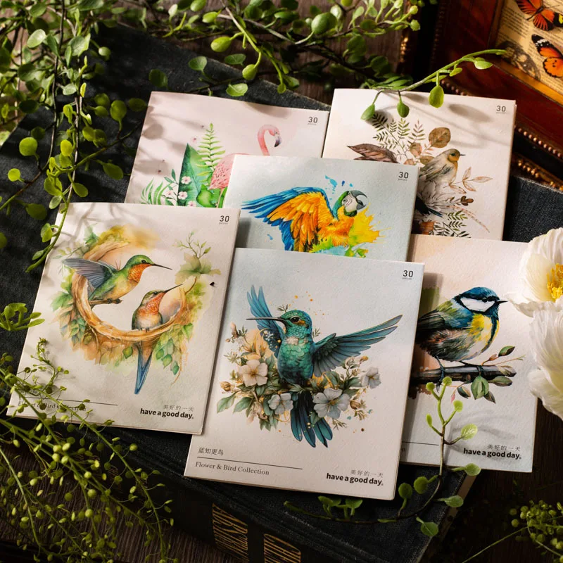 30Pcs Watercolor Flowers Birds Decorative Sticker Cute Handbook Scrapbooking Material Label Diy Diary Album Planner