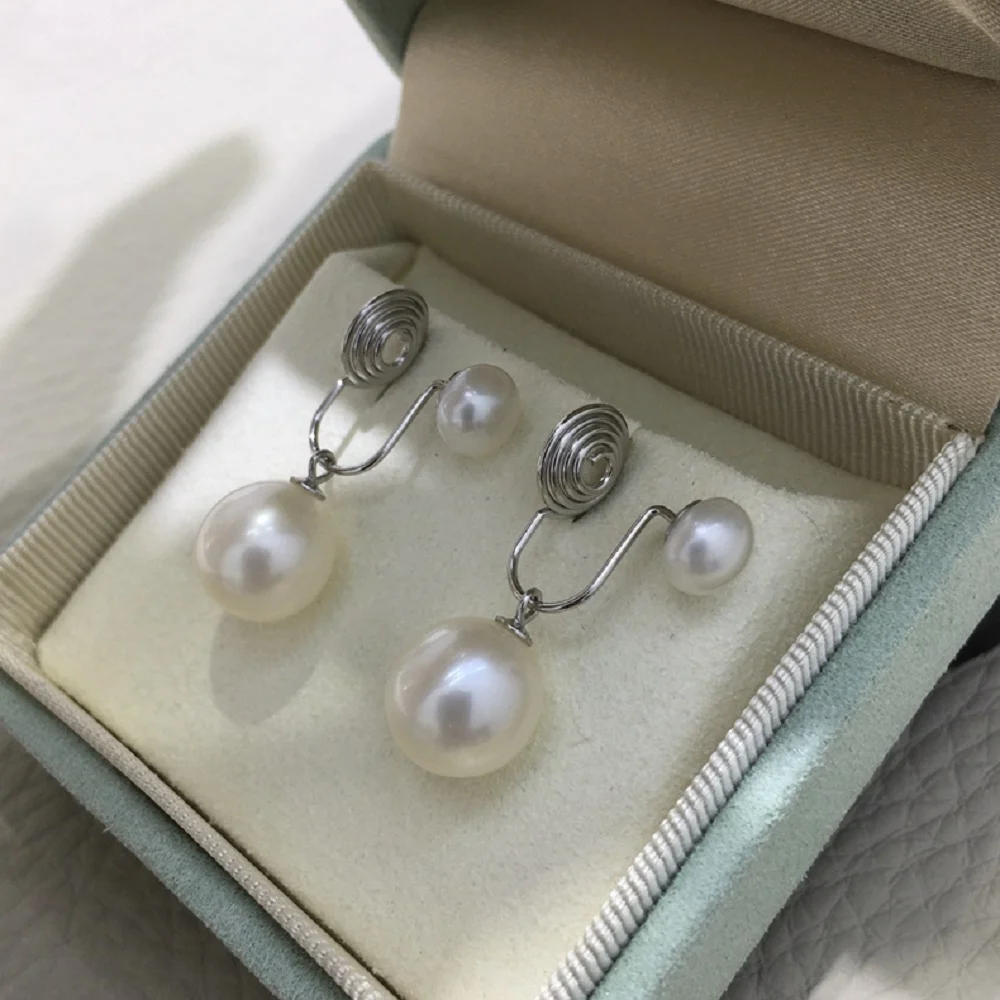 Double Pearl Non Perforated Pearl Earplugs AAAA10-11mm Natural Japanese Round Pearl Earrings 925s